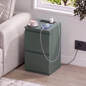 Denver 2 Drawer Bedside Chest Table with Power Outlet, Jasper Green
