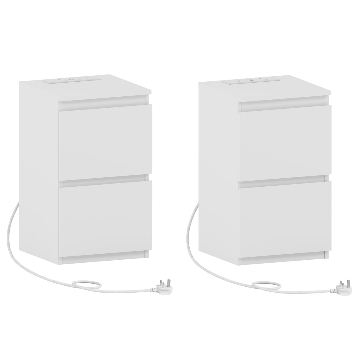 Denver 2 Drawer small Bedside Chest Table, white, with Power Outlet for bedroom storage, Set 
