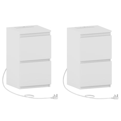Denver 2 Drawer small Bedside Chest Table, white, with Power Outlet for bedroom storage, Set 
