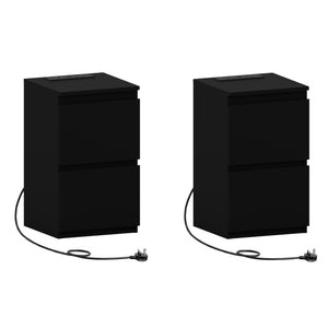 Denver 2 Drawer small Bedside Chest Table, black, with Power Outlet for bedroom Storage, Set
