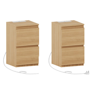 Denver 2 Drawer small Bedside Chest Table, pine, with Power Outlet for bedroom Storage, Set
