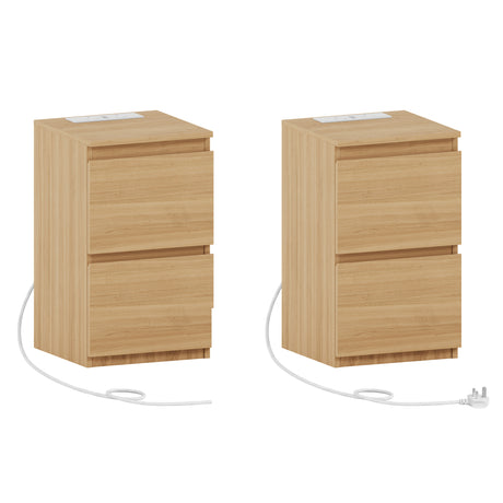 Denver 2 Drawer small Bedside Chest Table, pine, with Power Outlet for bedroom Storage, Set
