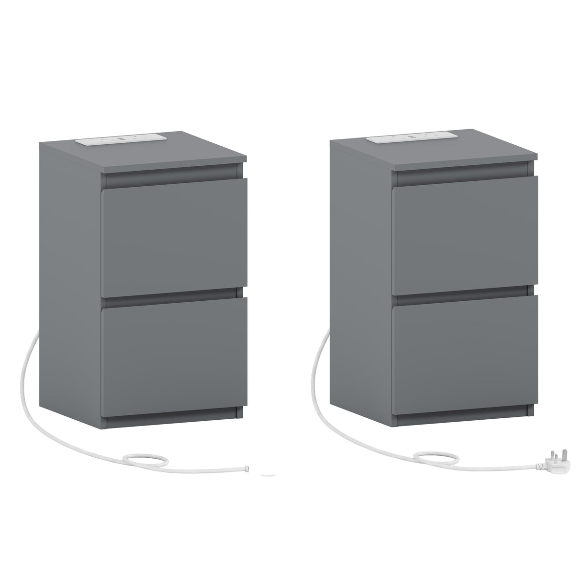 Denver 2 Drawer small Bedside Chest Table, grey, with Power Outlet for bedroom Storage, Set
