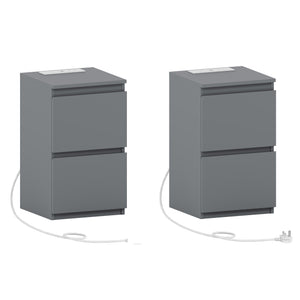 Denver 2 Drawer small Bedside Chest Table, grey, with Power Outlet for bedroom Storage, Set
