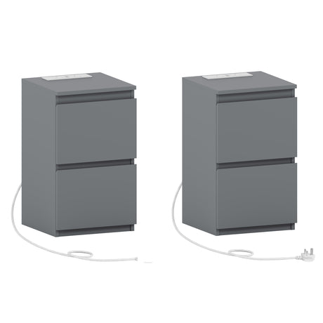 Denver 2 Drawer small Bedside Chest Table, grey, with Power Outlet for bedroom Storage, Set
