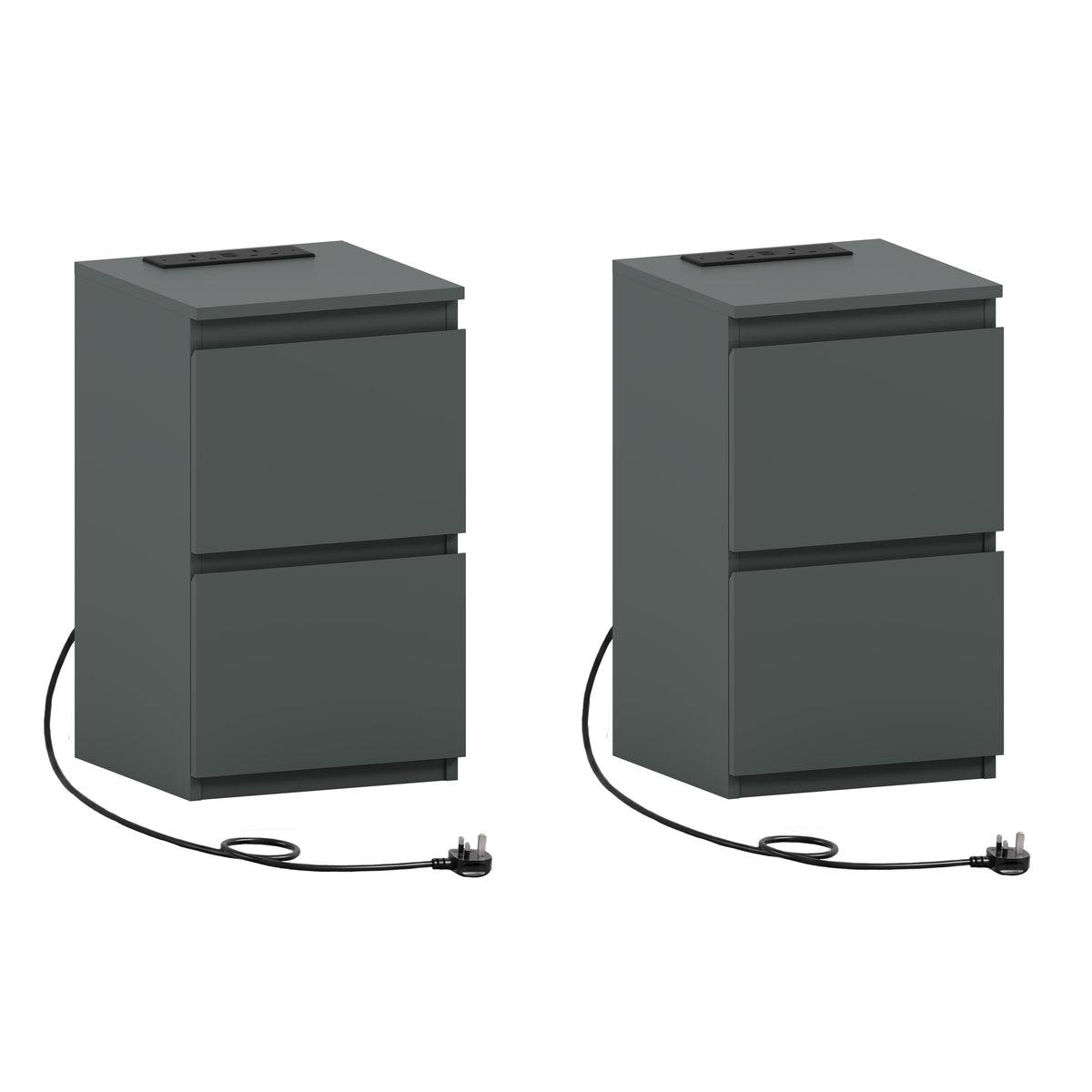 Denver 2 Drawer small Bedside Chest Table, Green, with Power Outlet for bedroom Storage, Set
