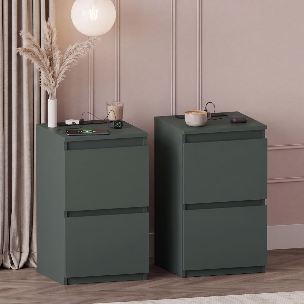 Denver 2 Drawer small Bedside Chest Table, Jasper Green, with Power Outlet for bedroom Storage, Set

