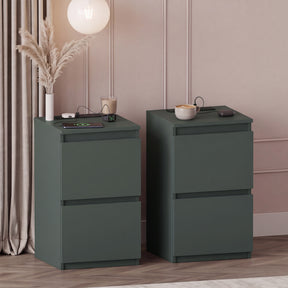 Denver 2 Drawer small Bedside Chest Table, Jasper Green, with Power Outlet for bedroom Storage, Set

