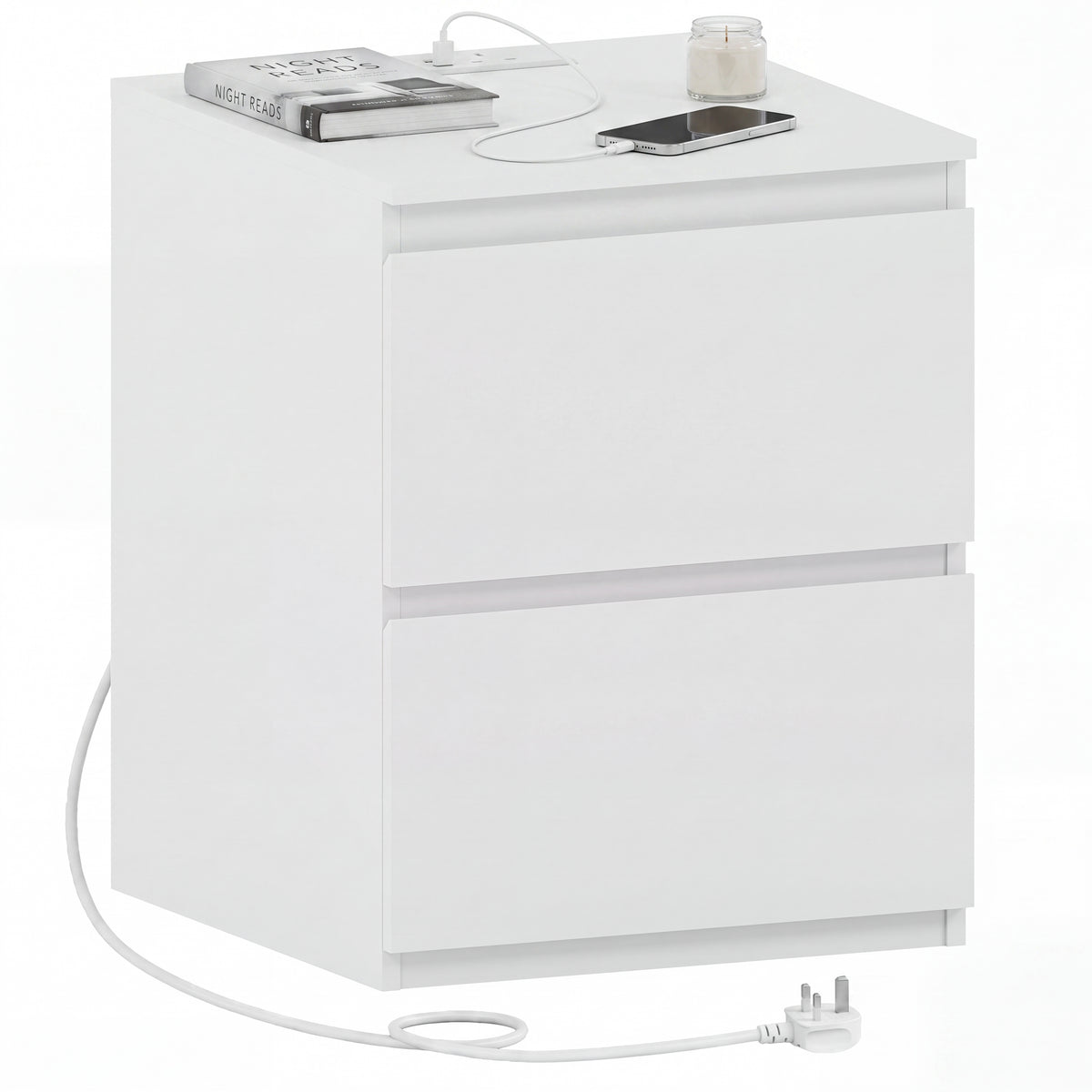 Denver 2 Drawer large Bedside Chest Table, white, with Power Outlet for bedroom storage
