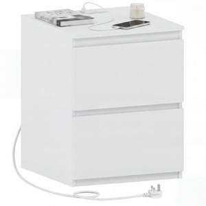 Denver 2 Drawer large Bedside Chest Table, white, with Power Outlet for bedroom storage
