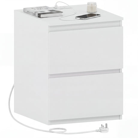 Denver 2 Drawer large Bedside Chest Table, white, with Power Outlet for bedroom storage
