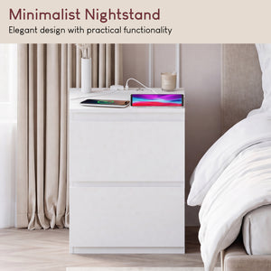 Denver 2 Drawer Large Bedside Chest Table with Power Outlet, White