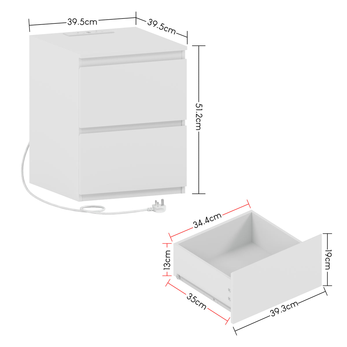 Denver 2 Drawer Large Bedside Chest Table with Power Outlet, White