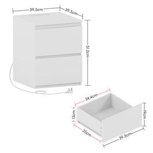 Denver 2 Drawer Large Bedside Chest Table with Power Outlet, White