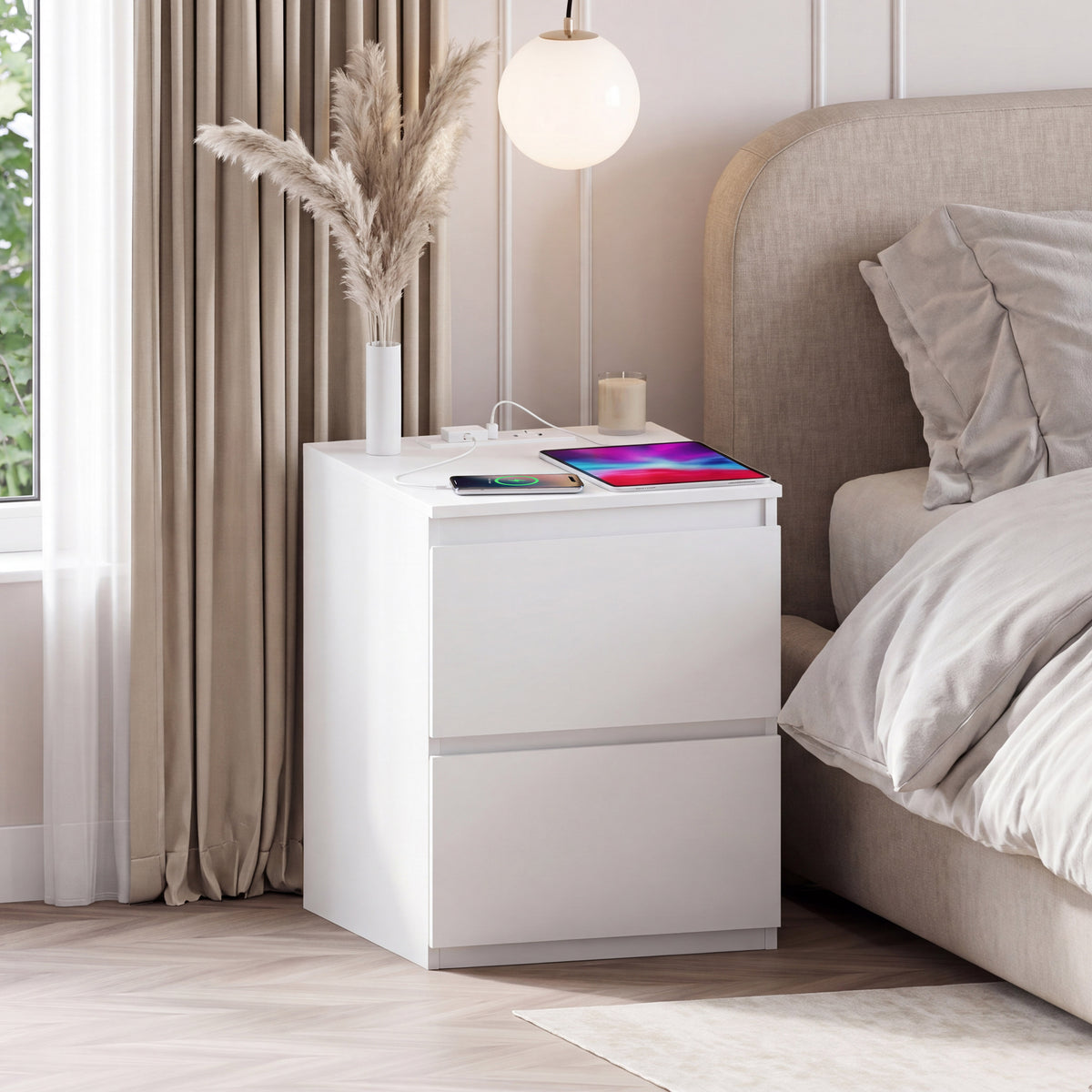 Denver 2 Drawer large Bedside Chest Table, white, with Power Outlet for bedroom storage
