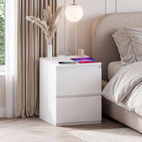 Denver 2 Drawer large Bedside Chest Table, white, with Power Outlet for bedroom storage
