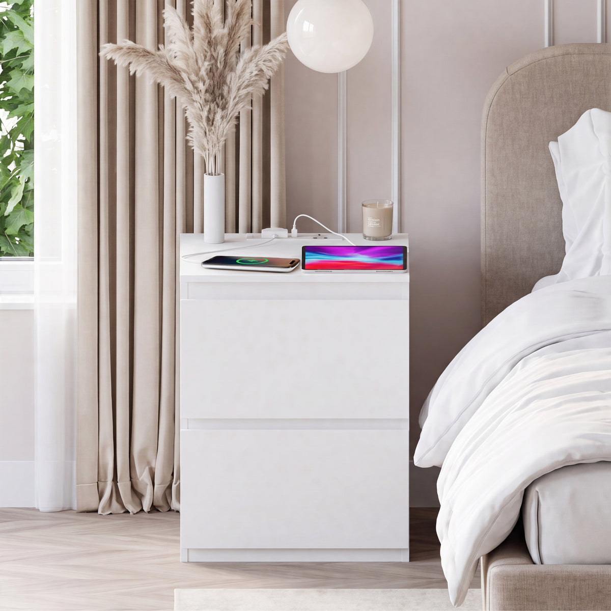 Denver 2 Drawer Large Bedside Chest Table with Power Outlet, Set of 2, White