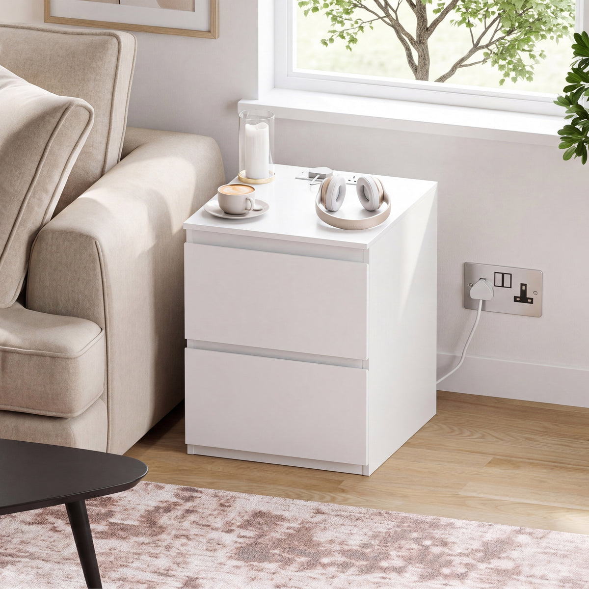 Denver 2 Drawer Large Bedside Chest Table with Power Outlet, White