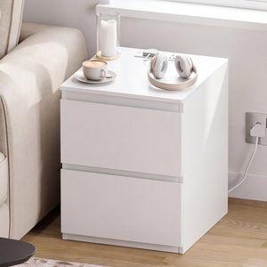 Denver 2 Drawer Large Bedside Chest Table with Power Outlet, White