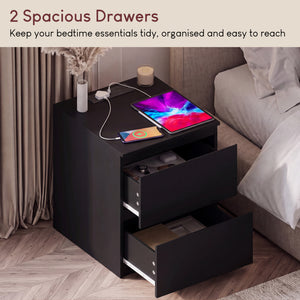 Denver 2 Drawer Large Bedside Chest Table with Power Outlet, Black