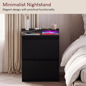 Denver 2 Drawer Large Bedside Chest Table with Power Outlet, Black