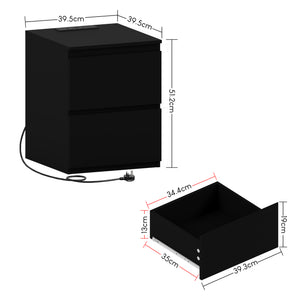 Denver 2 Drawer Large Bedside Chest Table with Power Outlet, Black