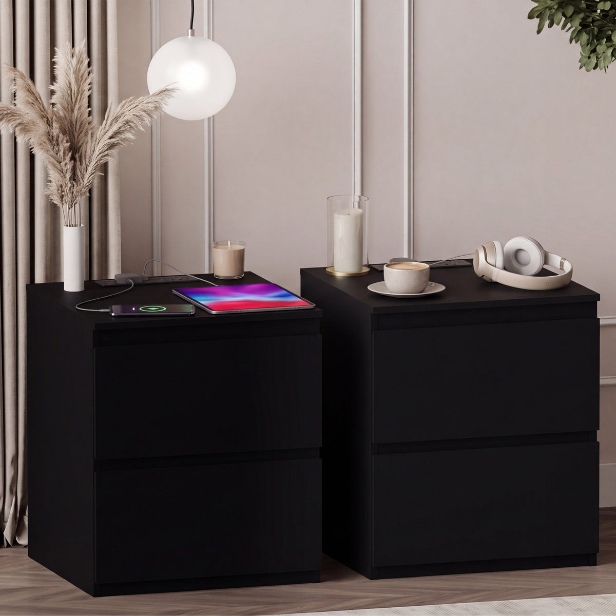 Denver 2 Drawer large Bedside Chest Table, white, with Power Outlet for bedroom Storage, Set
