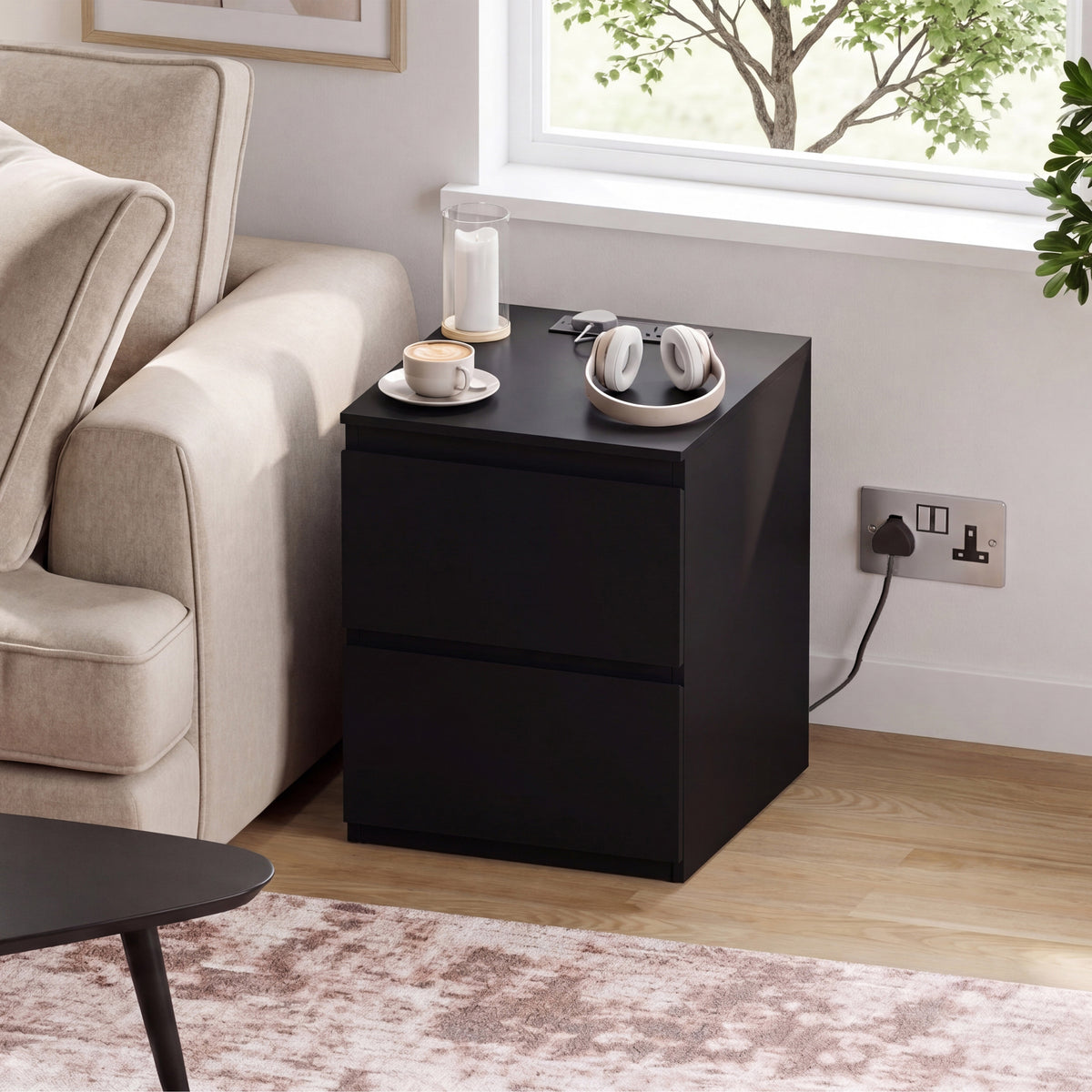 Denver 2 Drawer Large Bedside Chest Table with Power Outlet, Black