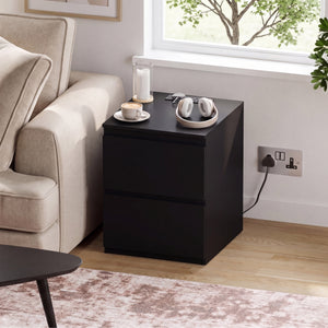 Denver 2 Drawer Large Bedside Chest Table with Power Outlet, Black