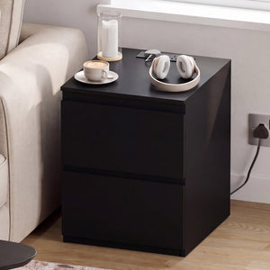 Denver 2 Drawer Large Bedside Chest Table with Power Outlet, Black
