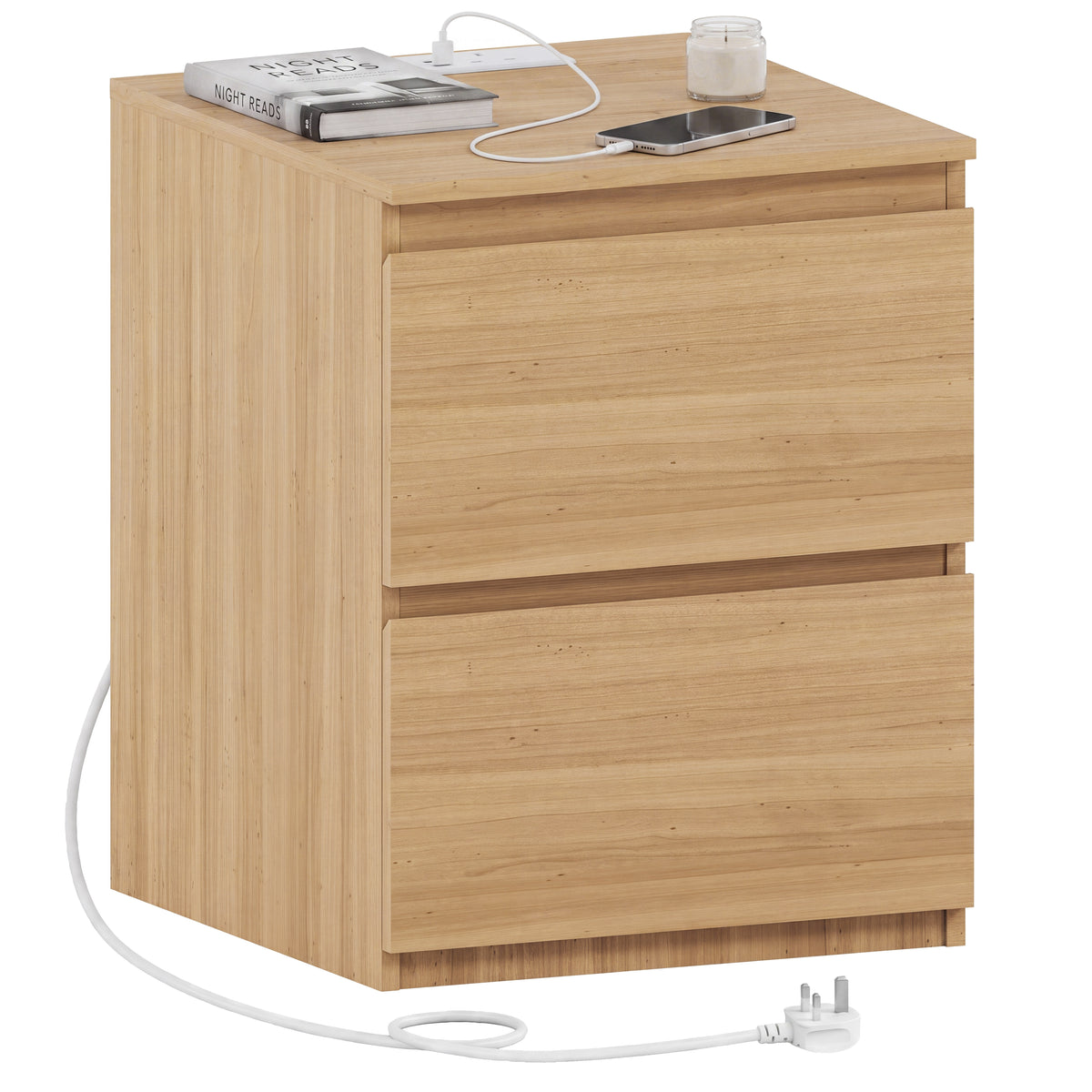 Denver 2 Drawer large Bedside Chest Table, pine, with Power Outlet for bedroom storage
