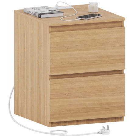Denver 2 Drawer large Bedside Chest Table, pine, with Power Outlet for bedroom storage
