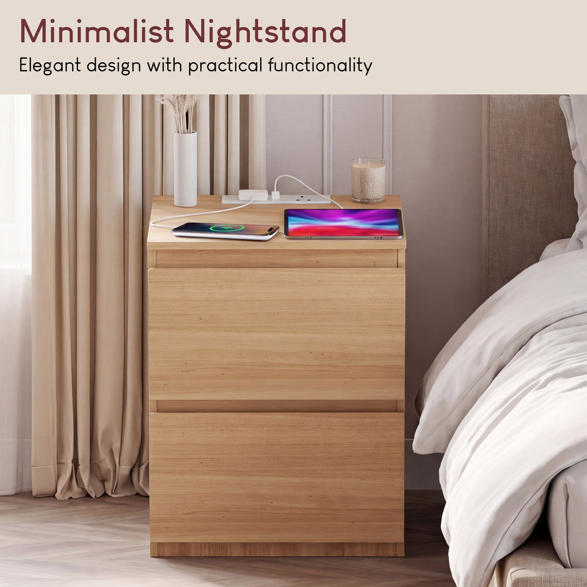 Denver 2 Drawer large Bedside Chest Table, pine, with Power Outlet for bedroom Storage, Set
