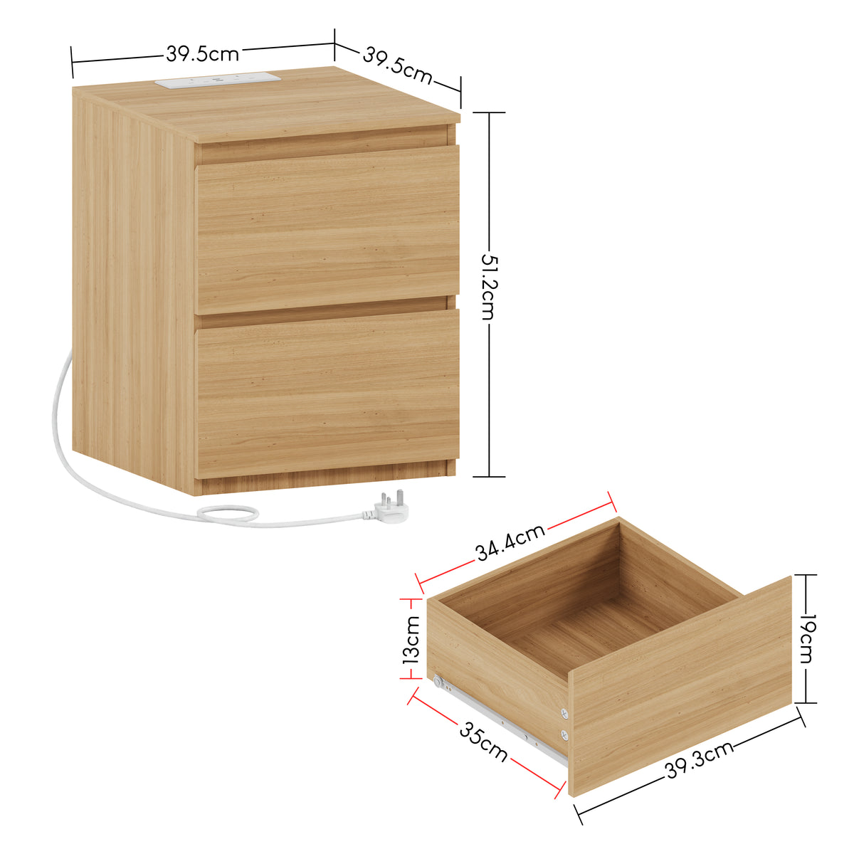 Denver 2 Drawer large Bedside Chest Table, pine, with Power Outlet for bedroom Storage, Set
