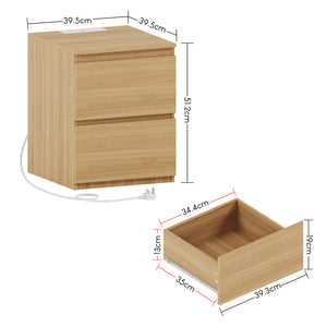 Denver 2 Drawer large Bedside Chest Table, pine, with Power Outlet for bedroom Storage, Set
