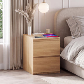 Denver 2 Drawer large Bedside Chest Table, pine, with Power Outlet for bedroom storage
