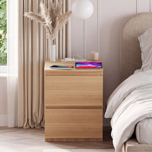 Denver 2 Drawer Large Bedside Chest Table with Power Outlet, Pine