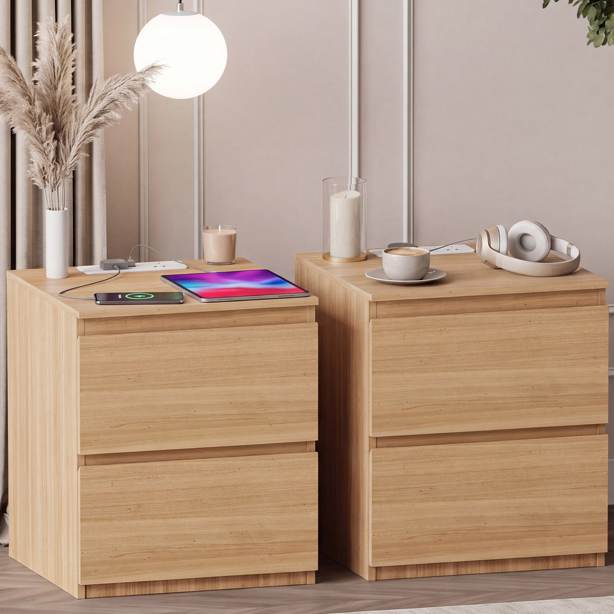 Denver 2 Drawer large Bedside Chest Table, pine, with Power Outlet for bedroom Storage, Set
