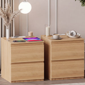 Denver 2 Drawer large Bedside Chest Table, pine, with Power Outlet for bedroom Storage, Set
