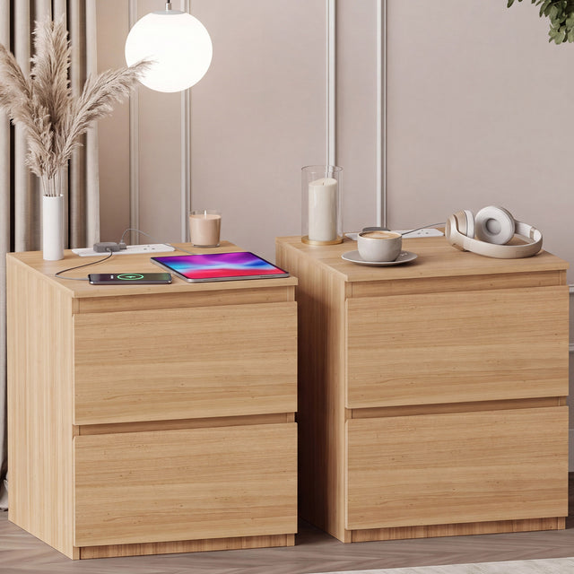 Denver 2 Drawer large Bedside Chest Table, pine, with Power Outlet for bedroom Storage, Set
