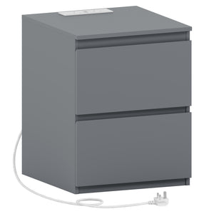 Denver 2 Drawer large Bedside Chest Table, grey, with Power Outlet for bedroom storage
