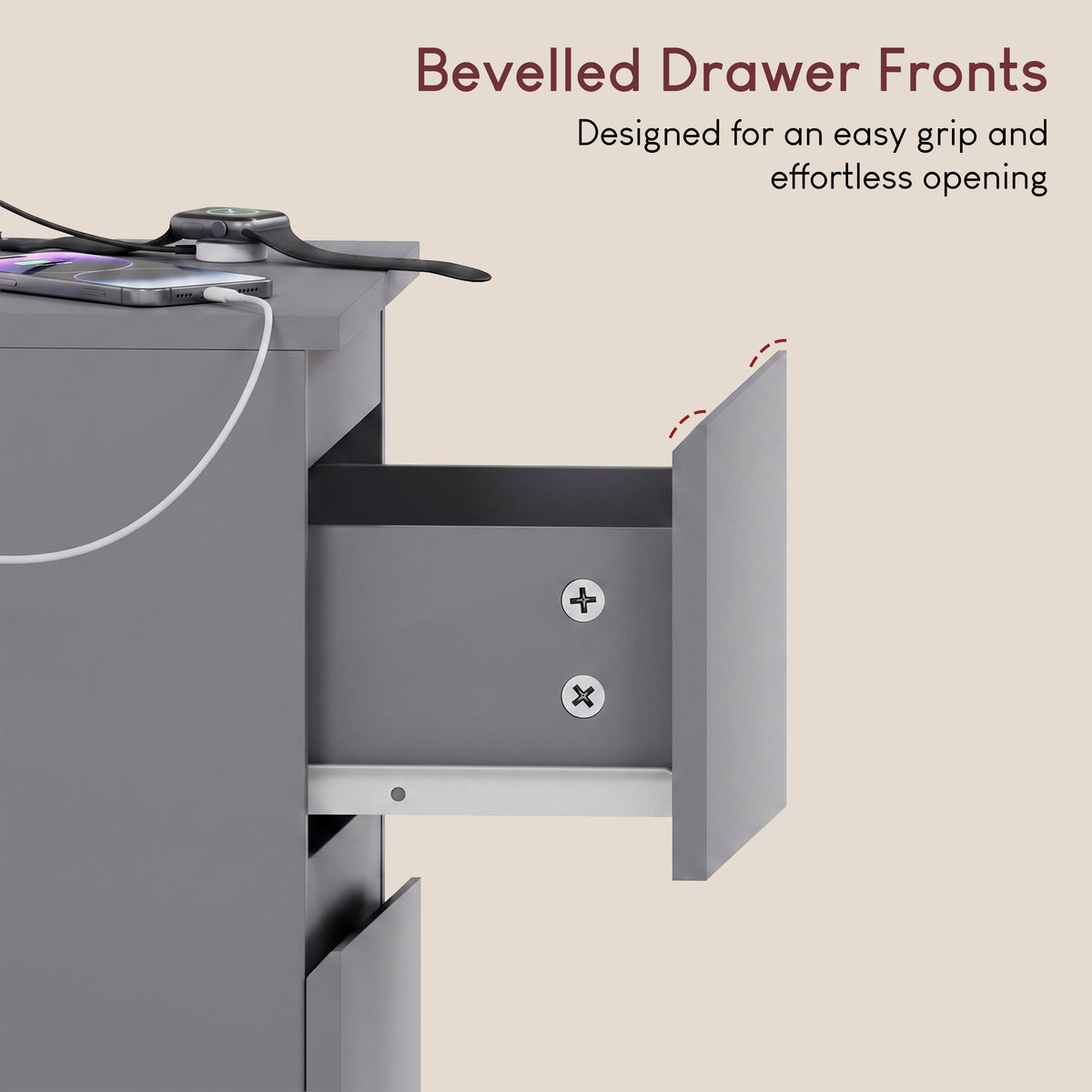 Denver 2 Drawer Large Bedside Chest Table with Power Outlet, Set of 2, Grey