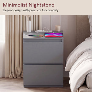 Denver 2 Drawer Large Bedside Chest Table with Power Outlet, Set of 2, Grey