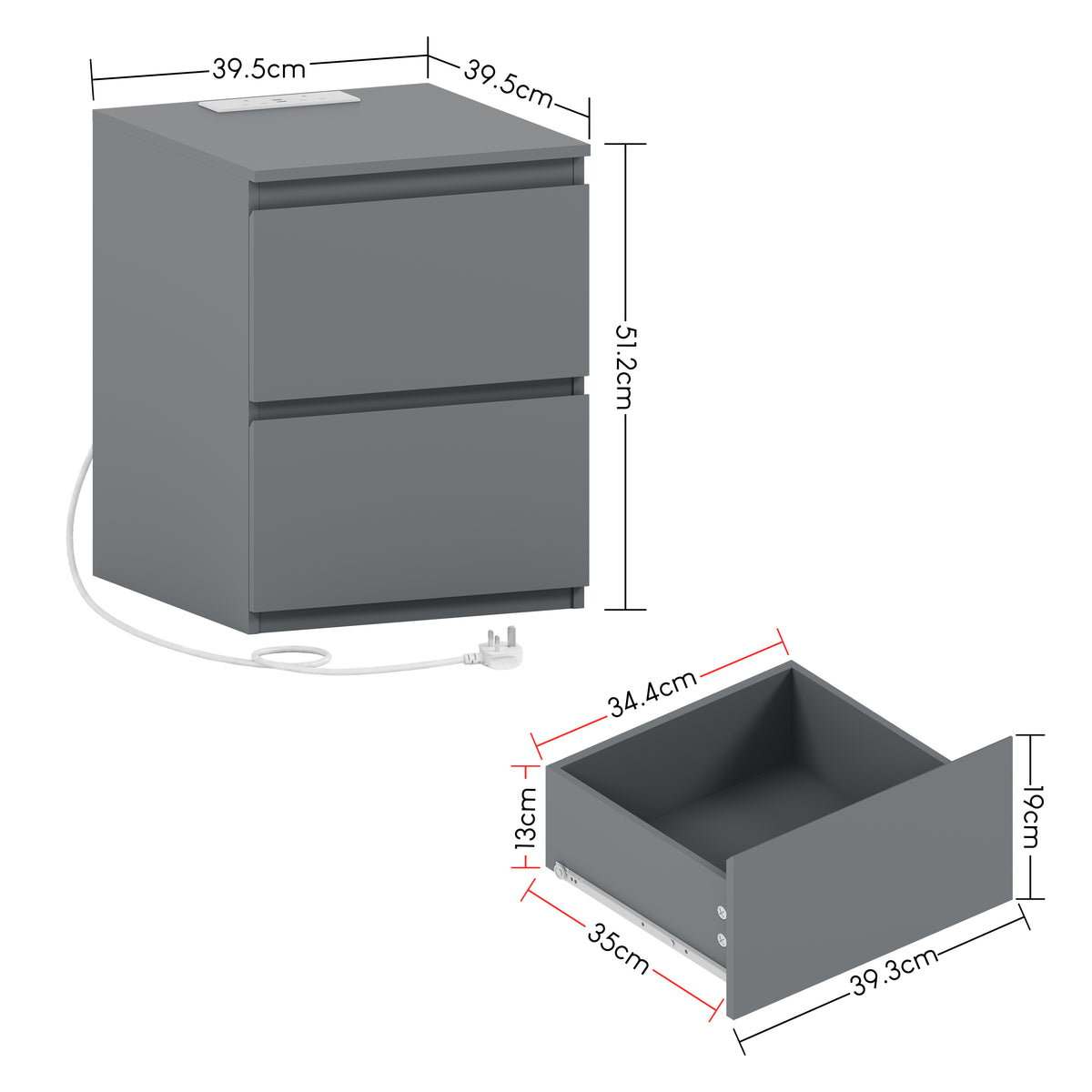 Denver 2 Drawer Large Bedside Chest Table with Power Outlet, Set of 2, Grey