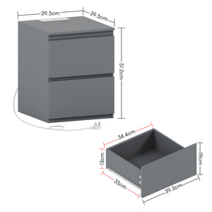 Denver 2 Drawer Large Bedside Chest Table with Power Outlet, Set of 2, Grey