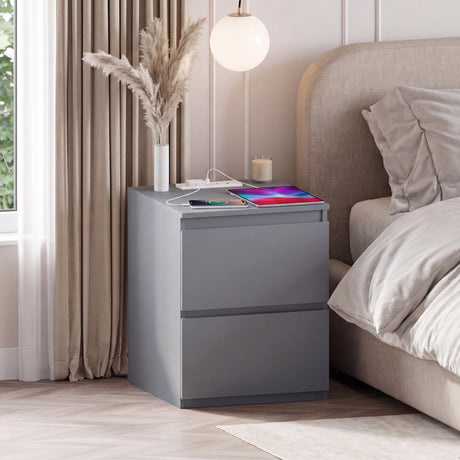 Denver 2 Drawer large Bedside Chest Table, grey, with Power Outlet for bedroom storage

