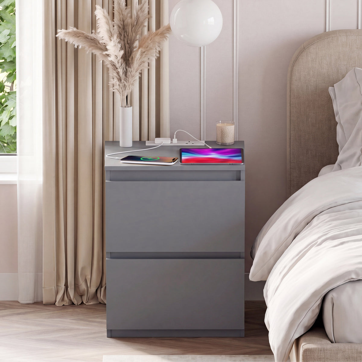 Denver 2 Drawer Large Bedside Chest Table with Power Outlet, Set of 2, Grey