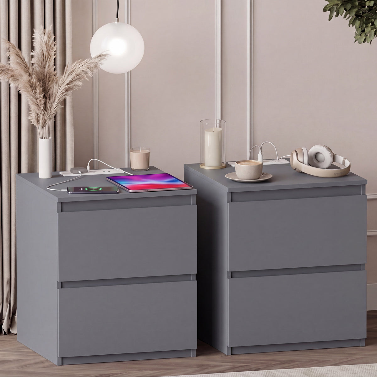 Denver 2 Drawer large Bedside Chest Table, grey, with Power Outlet for bedroom Storage, Set
