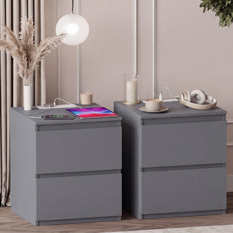 Denver 2 Drawer large Bedside Chest Table, grey, with Power Outlet for bedroom Storage, Set
