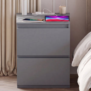 Denver 2 Drawer Large Bedside Chest Table with Power Outlet, Grey